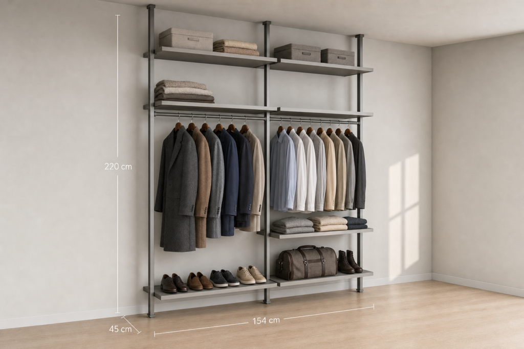 Гардеробная система N10 Vitra серебро с полками и штангами для одежды в светлом интерьере