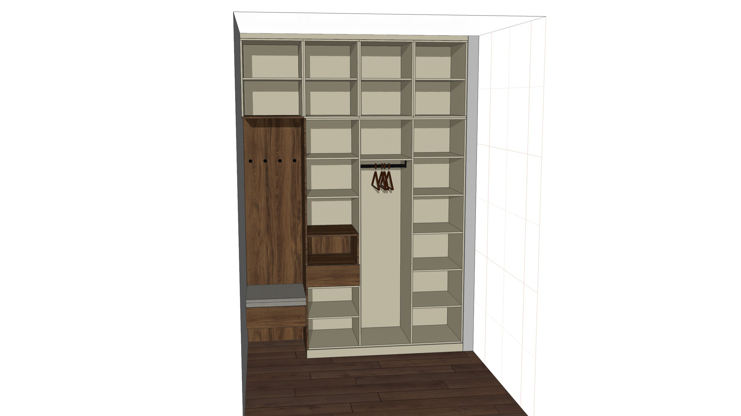 Прихожая из высококачественного ЛДСП Egger в бежевых и тёмно-коричневых тонах — Гардеробная в прихожей — ракурс 4, гардеробная на заказ