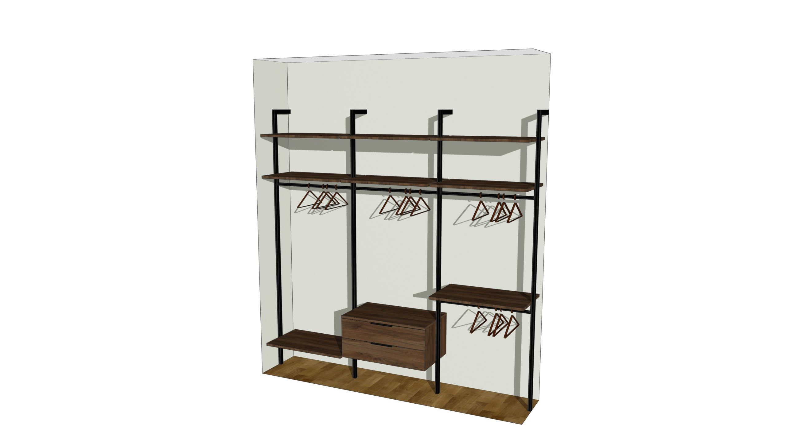 Гардеробная система Vitra Black с высококачественным ЛДСП Орех Пацифик табак — Гардеробная на стойках — ракурс 7, гардеробная на заказ