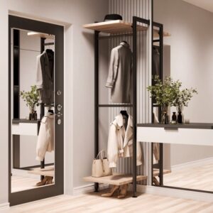 Гардеробная система Vitra на алюминиевых стойках с полками из ЛДСП Egger в интерьере прихожей