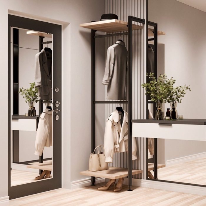 Открытая гардеробная система Vitra с алюминиевыми стойками, полками из ЛДСП Egger и зеркалом в прихожей