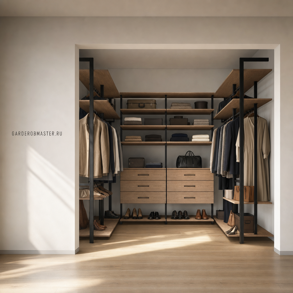 Гардеробная на стойках Vitra Black с ЛДСП Дуб Бельмонт — Гардеробная система VITRA — основной вид, гардеробная на заказ