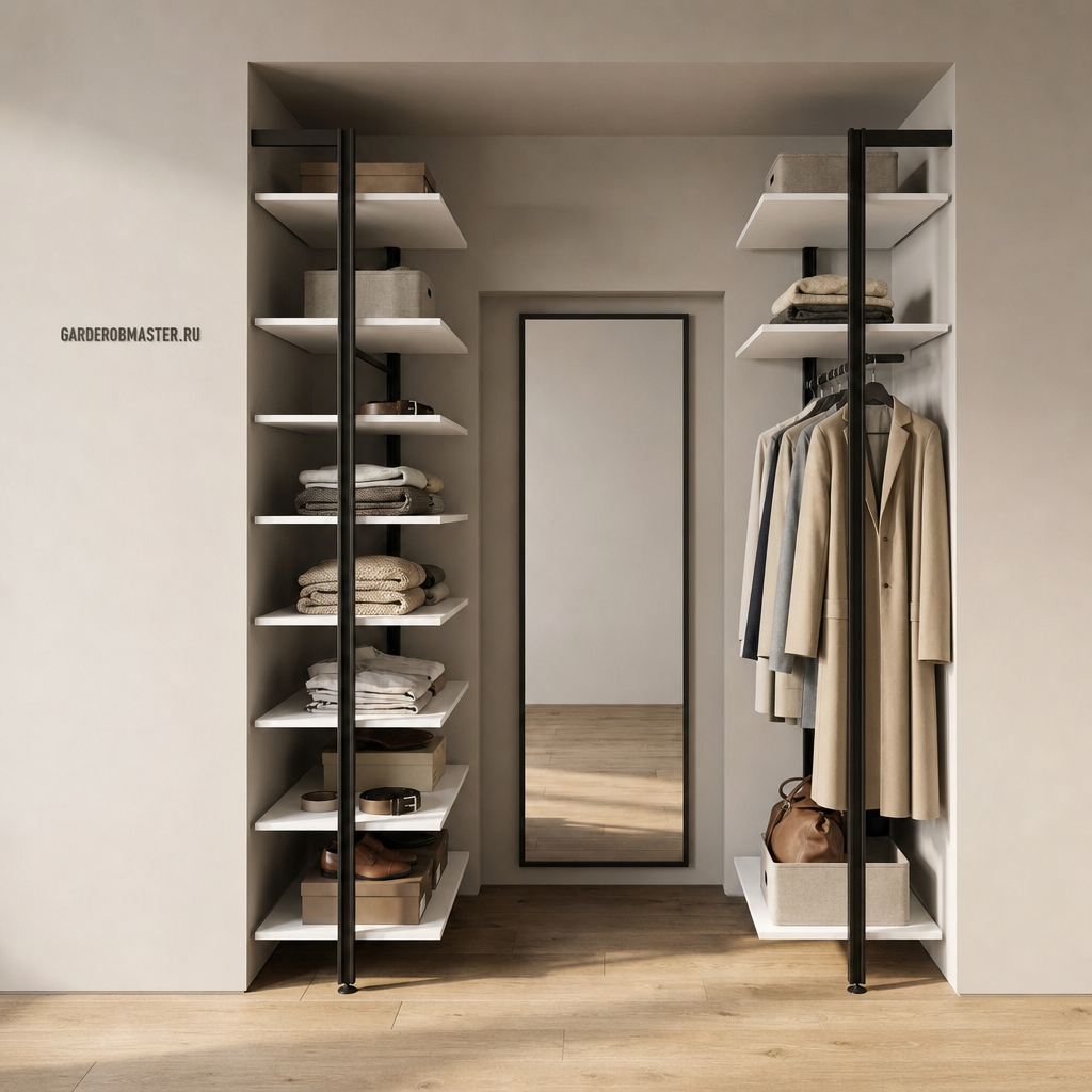 Гардеробная система Vitra Black на металлических стойках с белым ЛДСП Egger — сгенерированное изображение 1