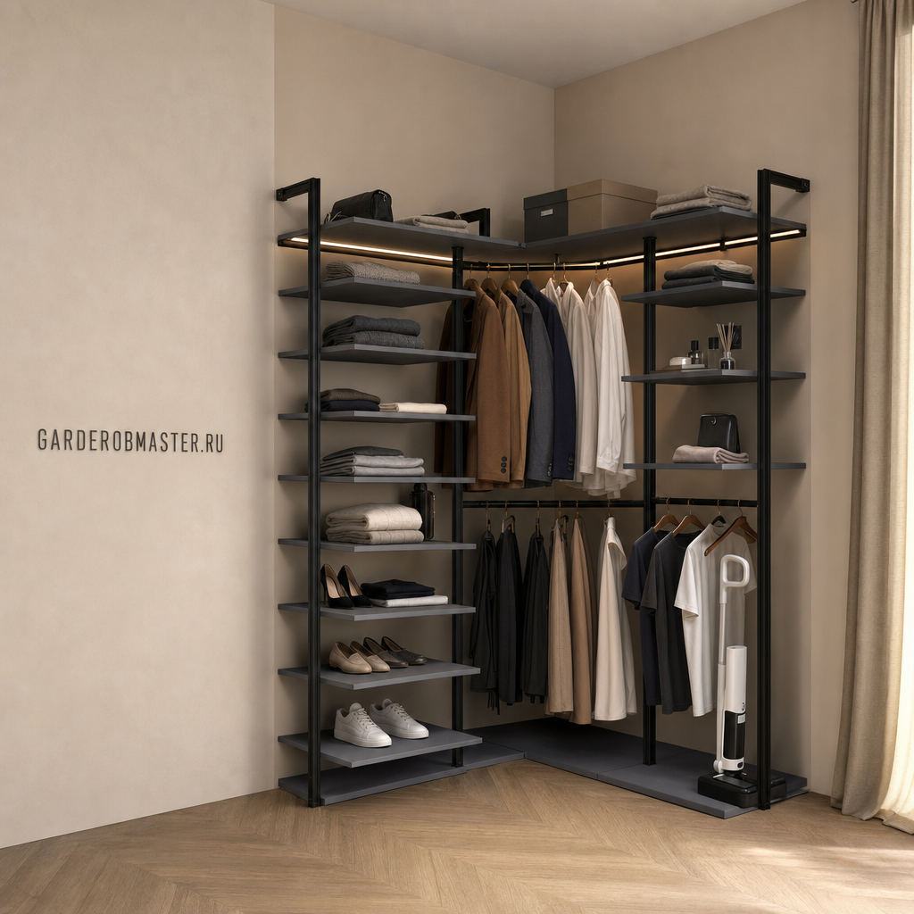 Гардеробная на стойках Vitra Black с подсветкой и серым ЛДСП — Гардеробная система VITRA — основной вид, гардеробная на заказ