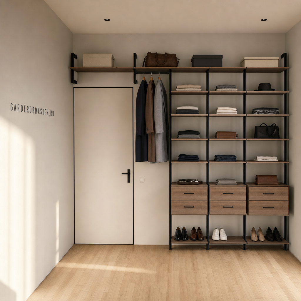 Открытая гардеробная система Vitra Black с алюминиевыми профилями — основной вид, гардеробная на заказ