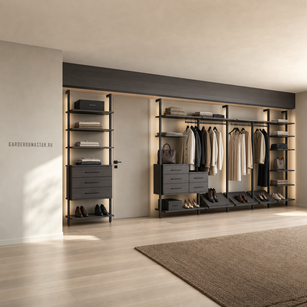 Гардеробная система Vitra Black с подсветкой и металлическими стойками — основной вид, гардеробная на заказ
