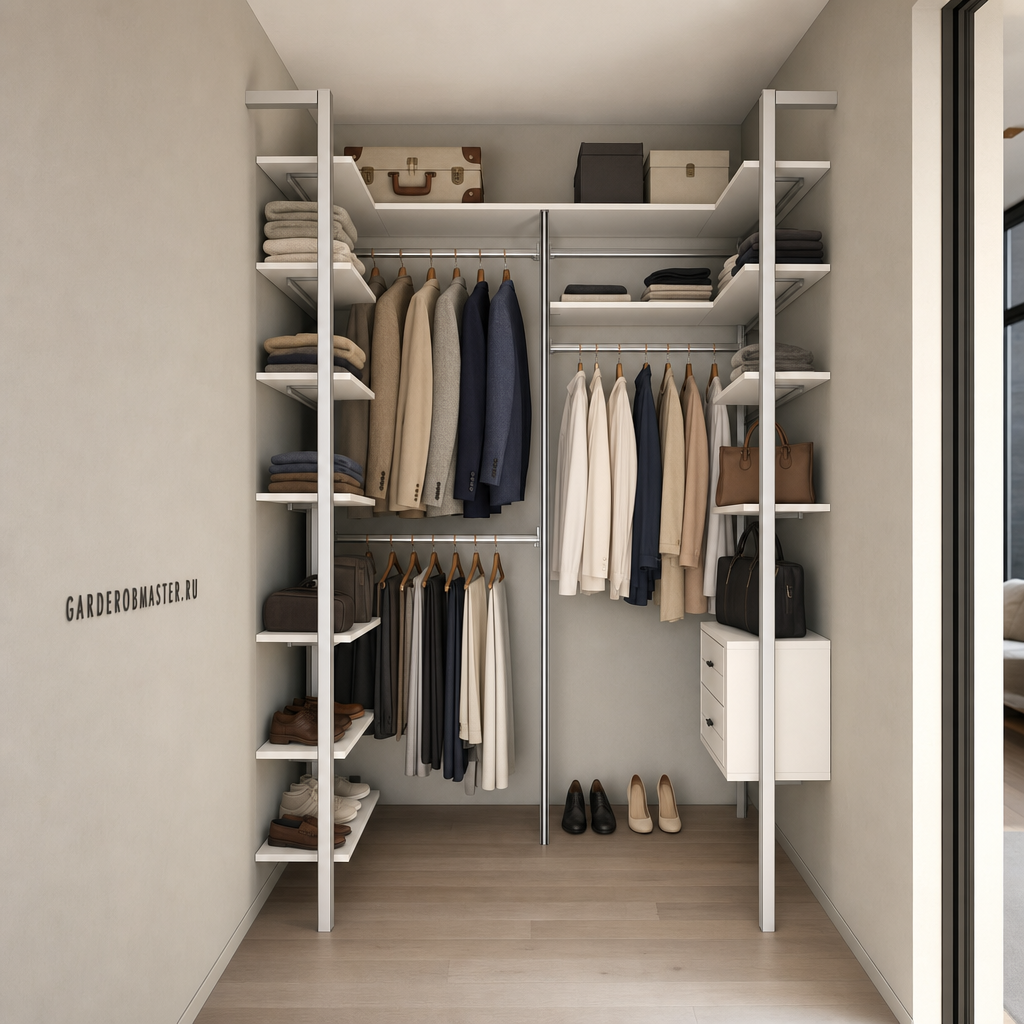 Гардеробная система Vitra на металлических стойках с белым ЛДСП Egger — сгенерированное изображение 1