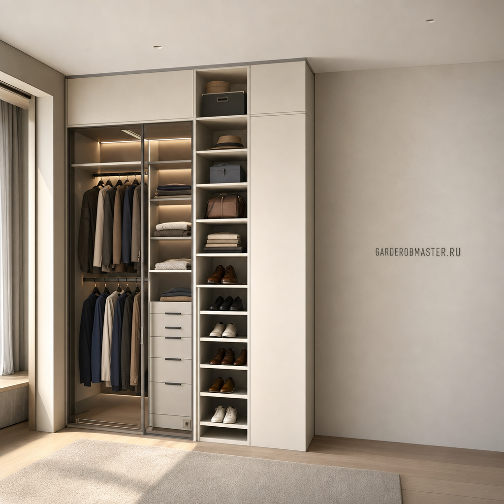 Гардеробная система из ЛДСП Egger с металлическими стойками VITRA Alum — ракурс 1