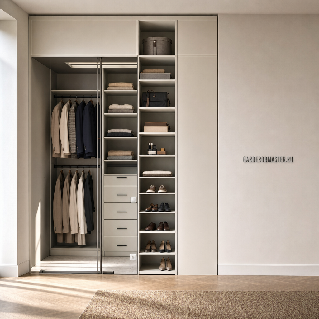 Гардеробная система VITRA из ЛДСП Фарфор белый с металлическими стойками, основной вид