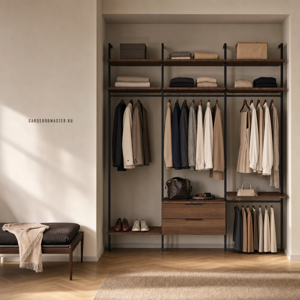 Гардеробная система Vitra Black с высококачественным ЛДСП Орех Пацифик табак — Гардеробная на стойках — основной вид, гардеробная на заказ