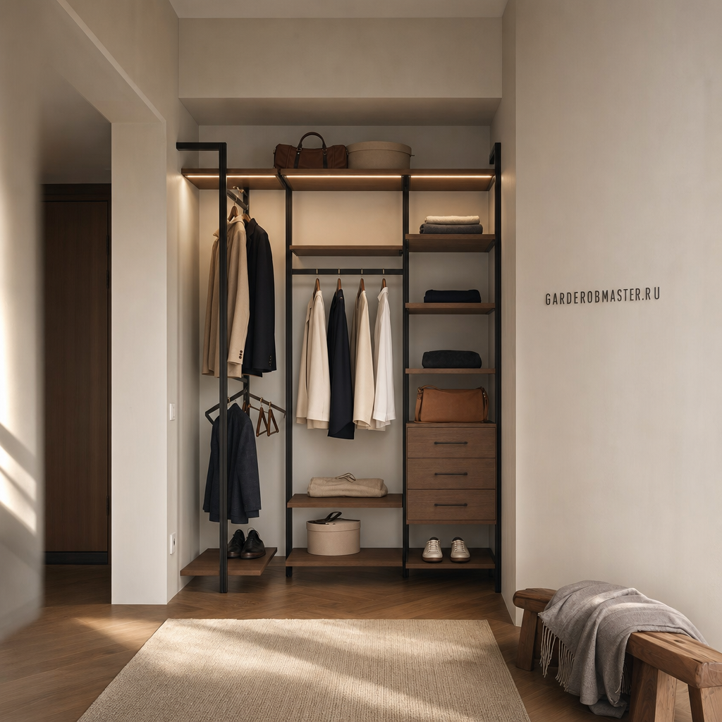 Прихожая на стойках Vitra Black с высококачественным ЛДСП Egger — Гардеробная в прихожей — основной вид, гардеробная на заказ