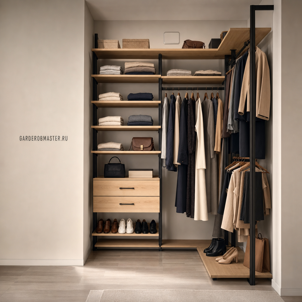 Гардеробная на стойках Vitra Black с высококачественным ЛДСП Egger — основной вид, гардеробная на заказ