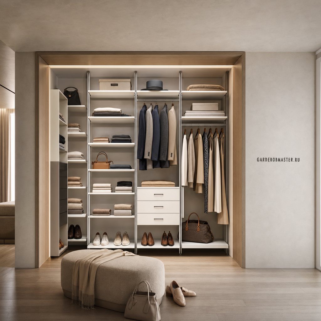 Гардеробная система Vitra с алюминиевыми стойками и белым декором Egger — сгенерированное изображение 1