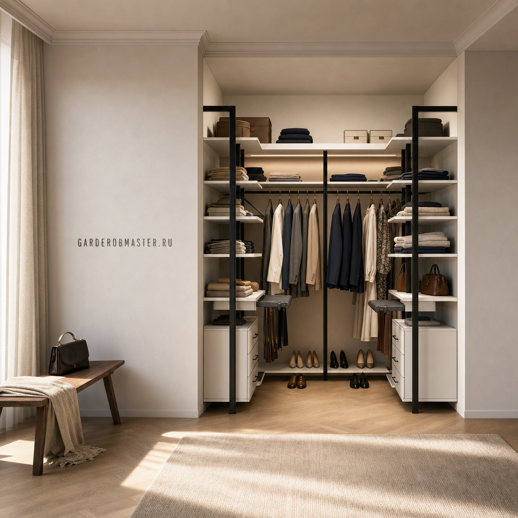 Гардеробная система Vitra Black с металлическими стойками и ЛДСП Egger, основной вид