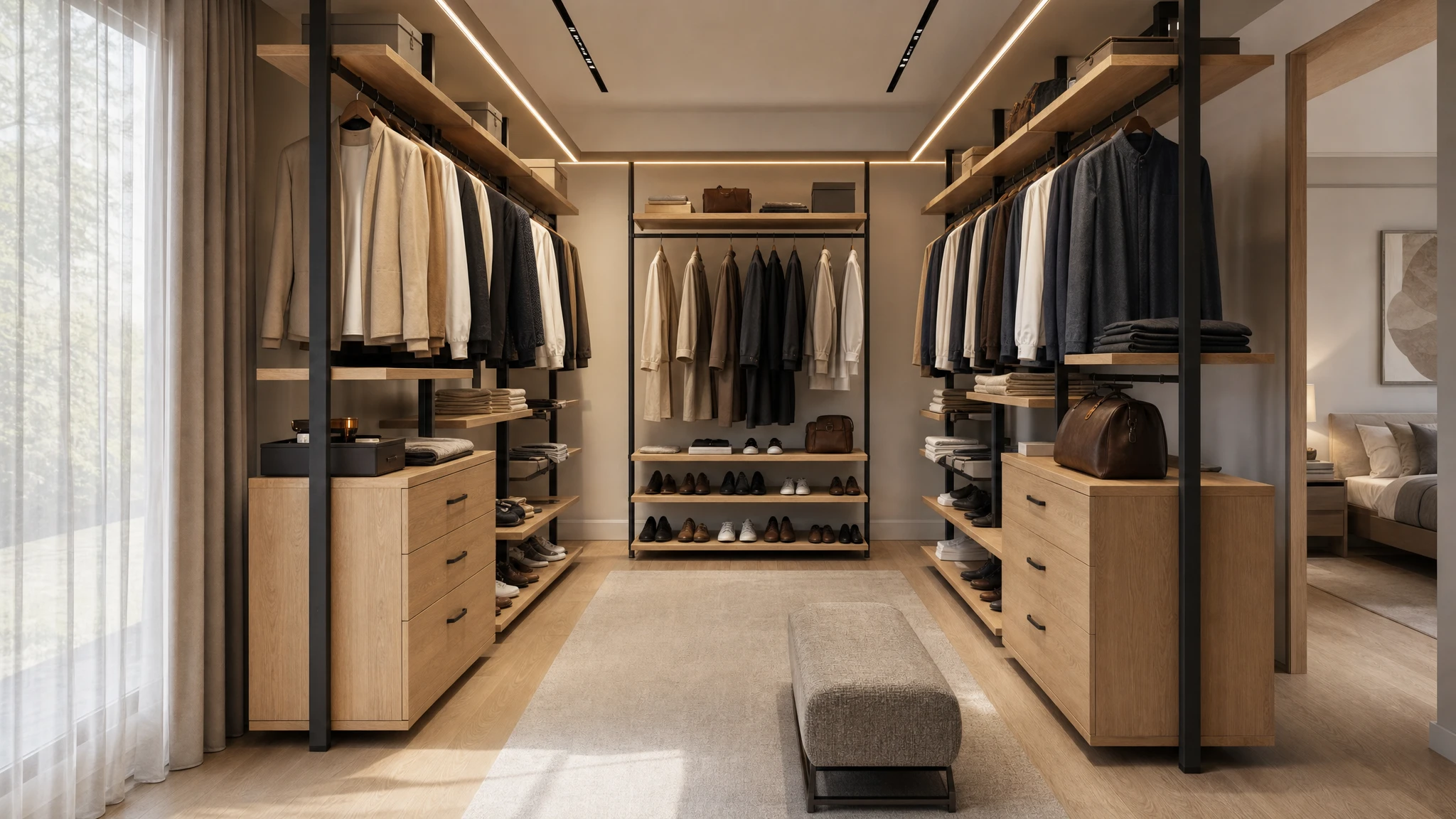 Открытая гардеробная система Vitra на чёрных алюминиевых стойках с полками, штангами и ящиками