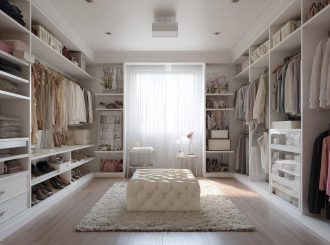 Шикарная светлая гардеробная комната с одеждой на полках и стойках, центральный мягкий пуф, окно с занавеской.