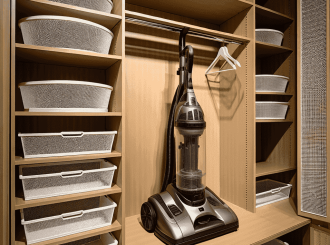 Идеальное решение для хранения пылесоса в гардеробной: съемные сотовые полки и корзины от компании XYZ - гарантия 100% качества!