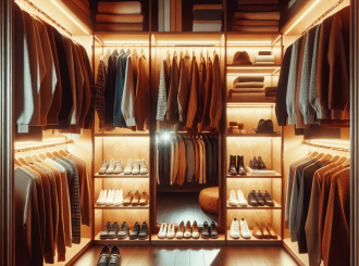 гардеробная комната с широкими полками и вешалками