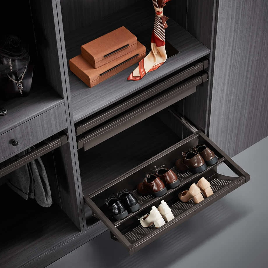 Выдвижная полка для обуви стальная Unihopper в базу 600 мм, с доводчиком, clip-on, Moka